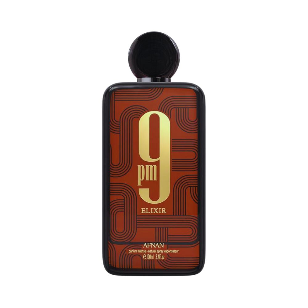 Afnan 9PM Elixir fragrance bottle with a gold 9pm logo on a patterned background.