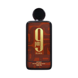 Afnan 9PM Elixir fragrance bottle with a gold 9pm logo on a patterned background.
