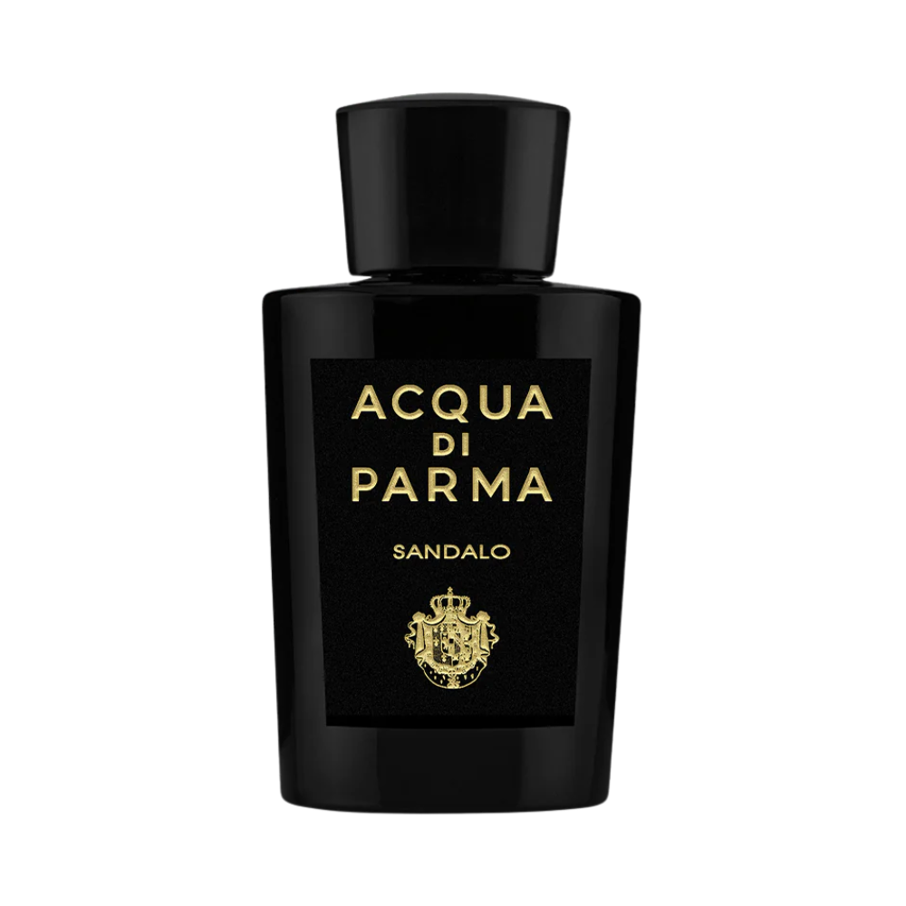 Acqua di Parma Sandalo perfume bottle with gold lettering on a black label.