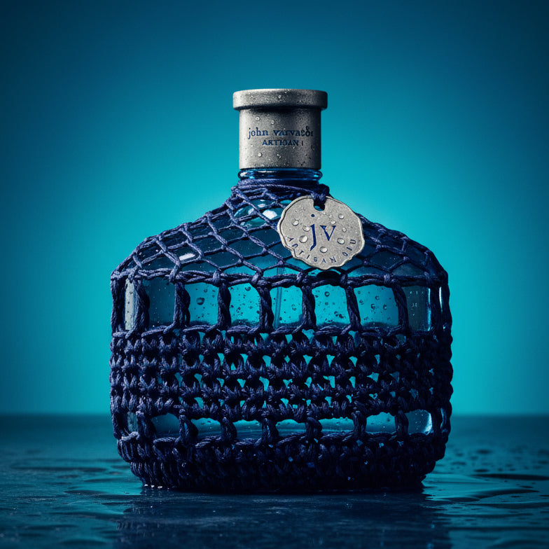 John Varvatos Artisan Blu fragrance bottle with blue woven netting.