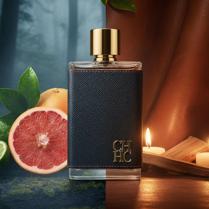A black leather-wrapped CH Men fragrance bottle with a gold cap.