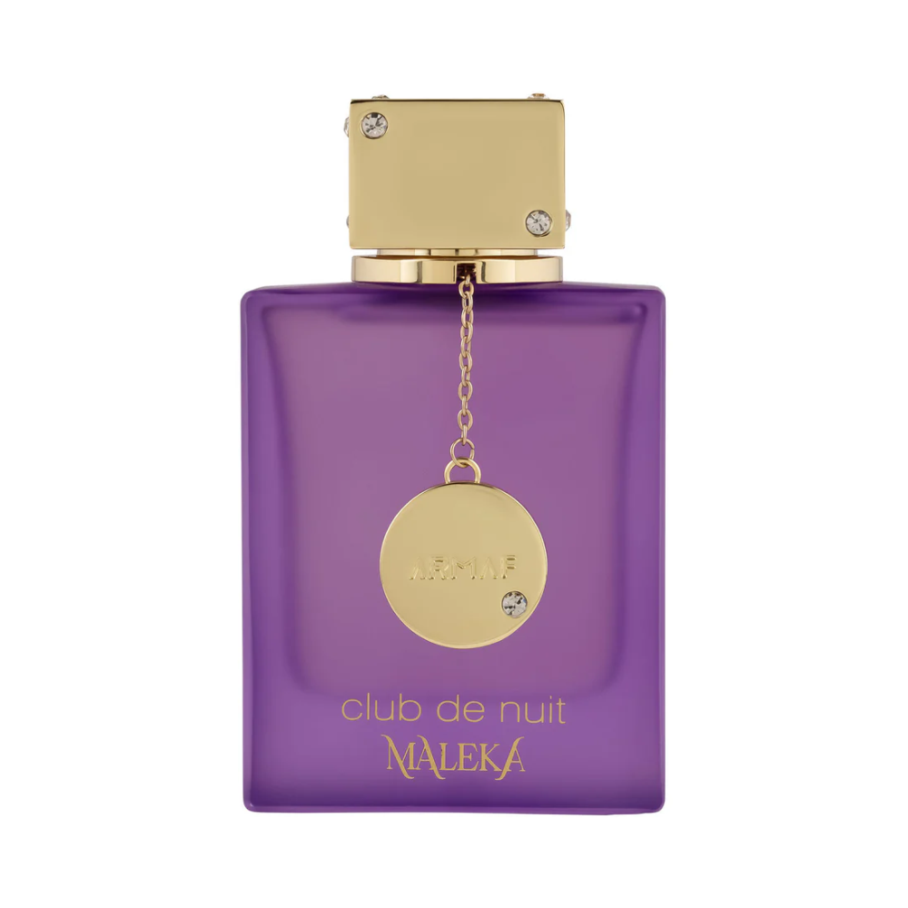 Club de Nuit Maleka perfume bottle with gold accents and purple glass.