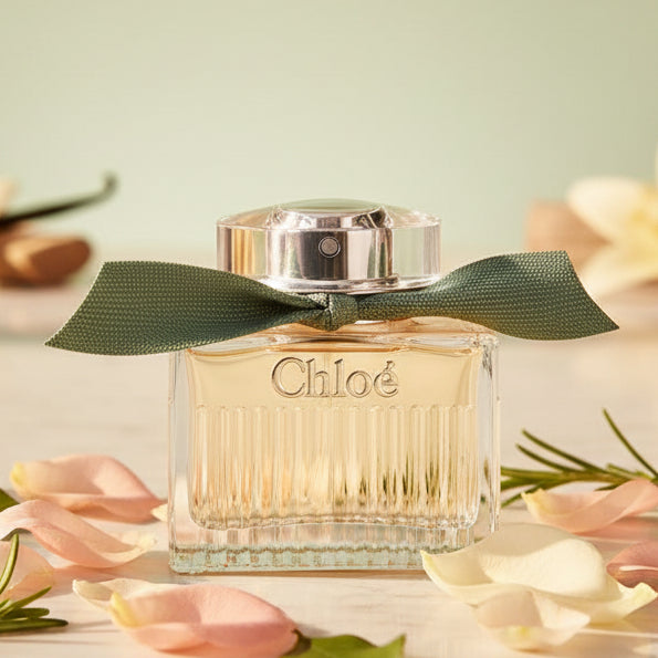 Chloé Rose Naturelle Intense perfume bottle with a green ribbon.