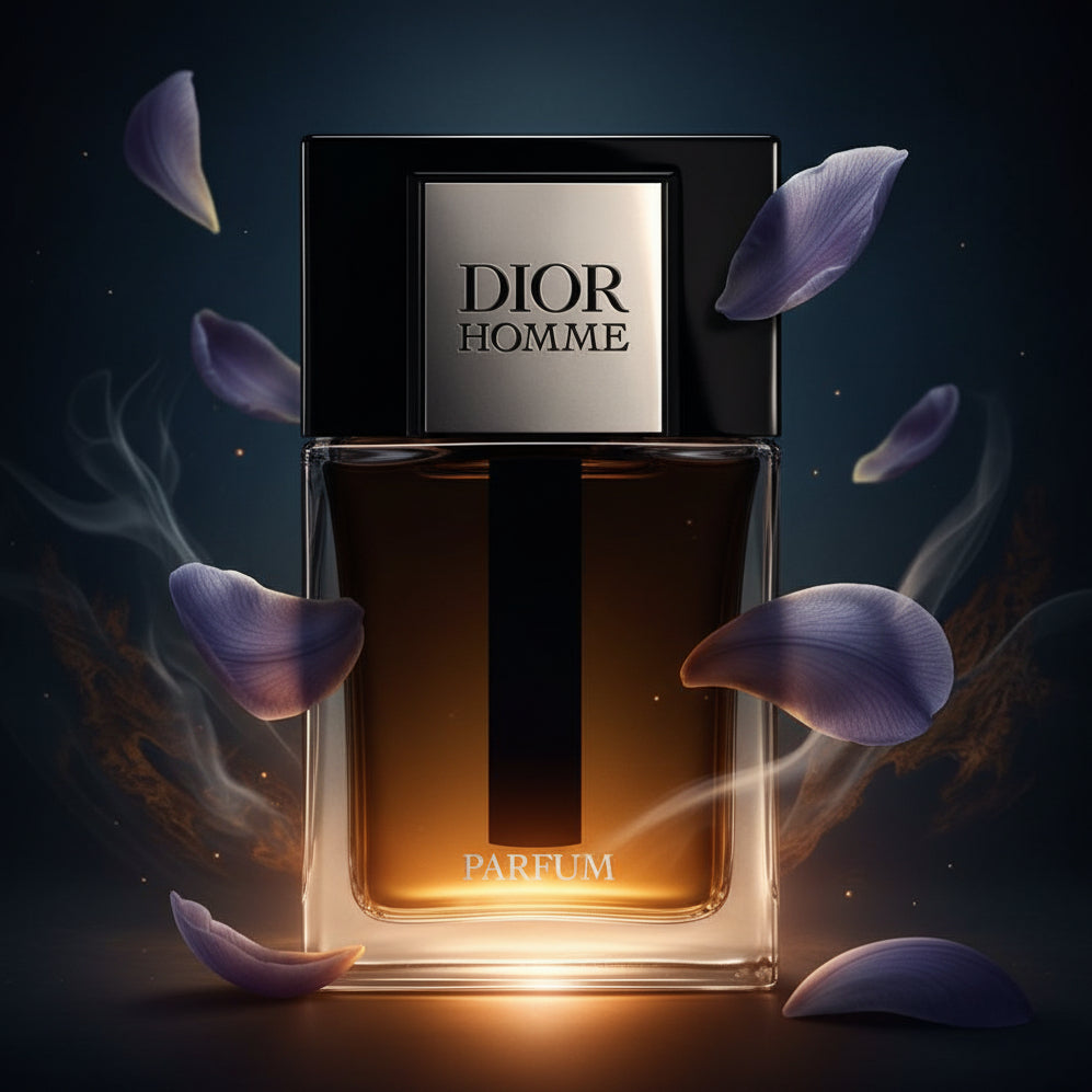 Dior Homme Parfum bottle with black and amber gradient glass.