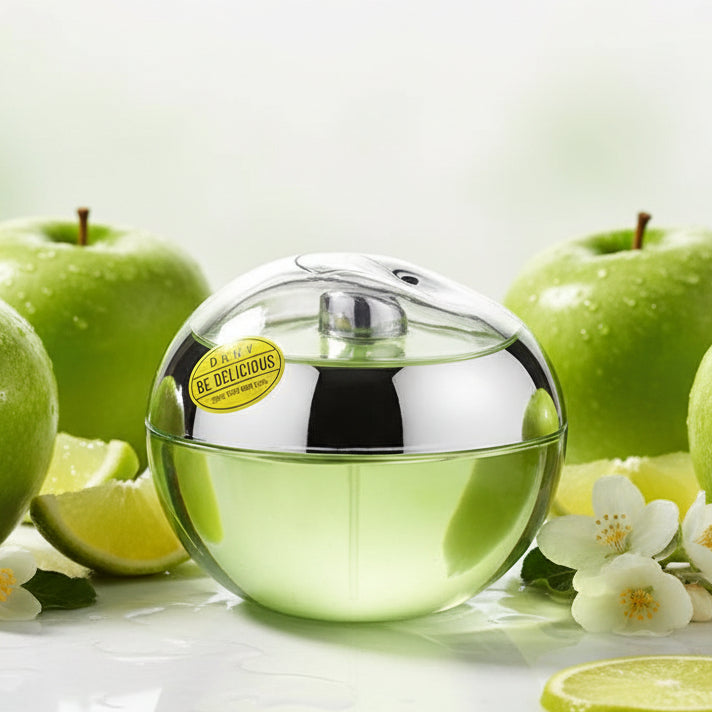 DKNY Be Delicious perfume in a round green bottle with a white top.