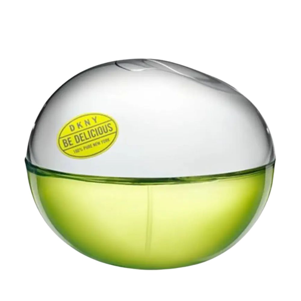 DKNY Be Delicious perfume in a round green bottle with a white top.