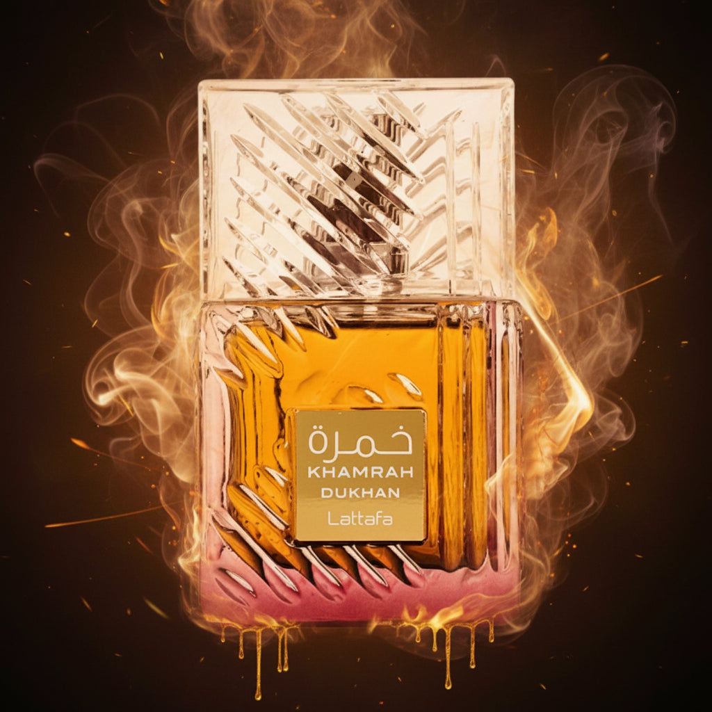 A bottle of Lattafa Khamrah Dukhan perfume with a textured glass design and amber-colored liquid.