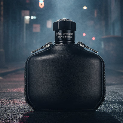 John Varvatos Dark Rebel Rider fragrance bottle with a black leather case.