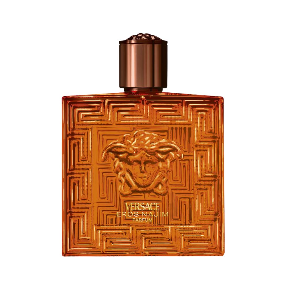 Versace Eros Najim Parfum bottle with a gold Medusa emblem and geometric pattern.