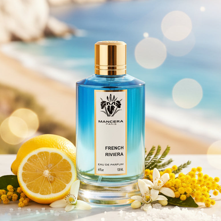 Mancera French Riviera Eau de Parfum in a clear glass bottle with a blue gradient and gold cap.