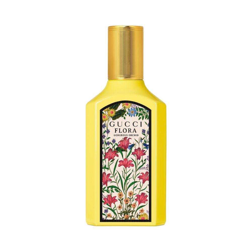 Gucci Flora Gorgeous Orchid perfume bottle with a yellow bottle and floral label.