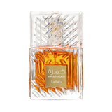 Lattafa Khamrah perfume bottle with amber liquid and clear textured cap.
