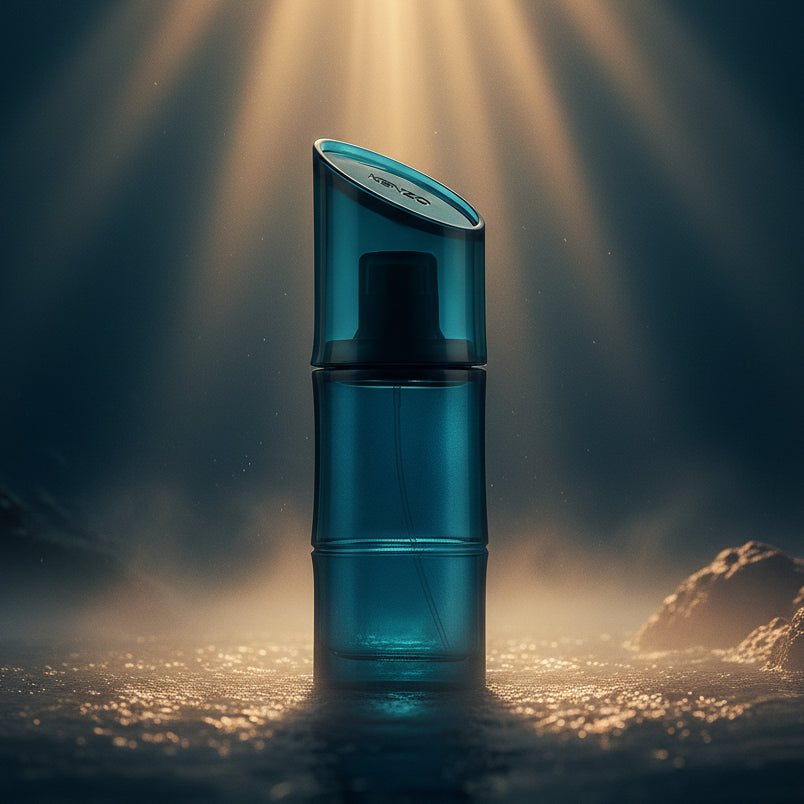 Kenzo Homme Eau de Parfum bottle with a blue gradient finish and a slanted cap.