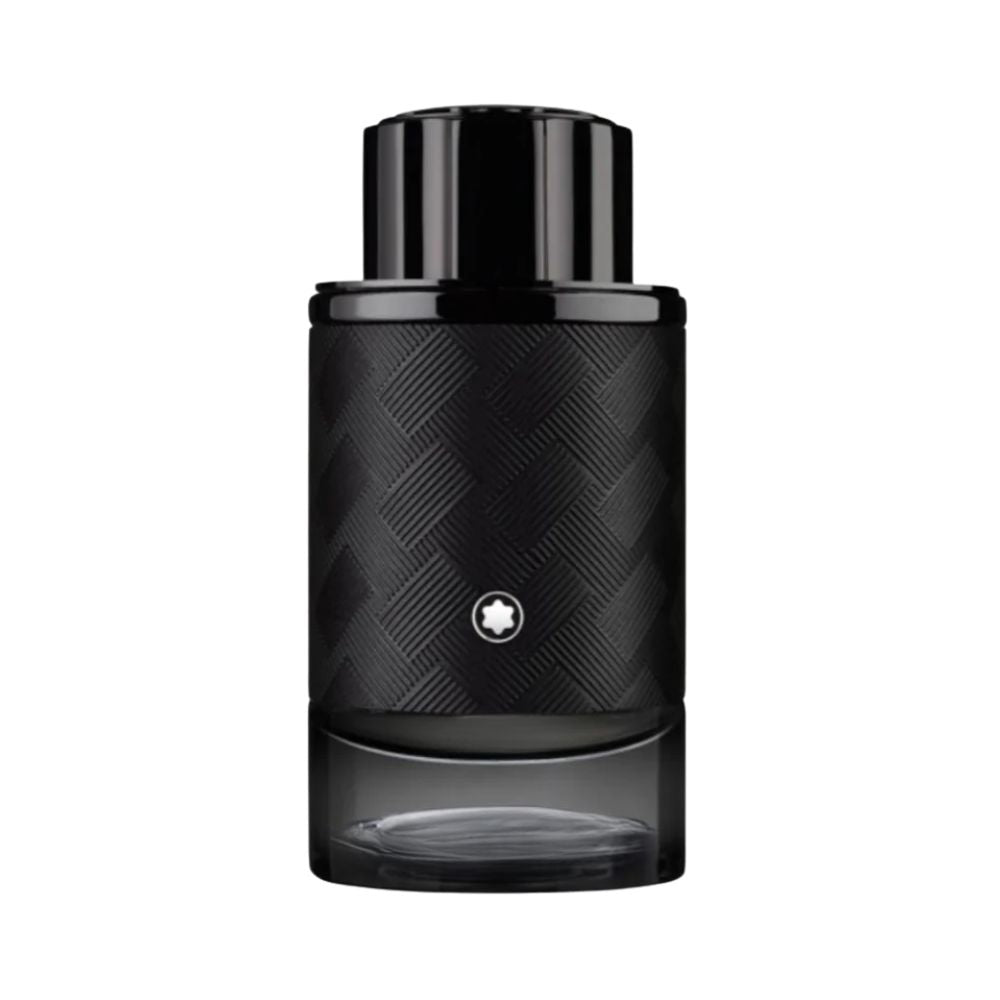 Montblanc Explorer Extreme fragrance bottle with a black textured body and clear base.