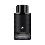 Montblanc Explorer Extreme fragrance bottle with a black textured body and clear base.