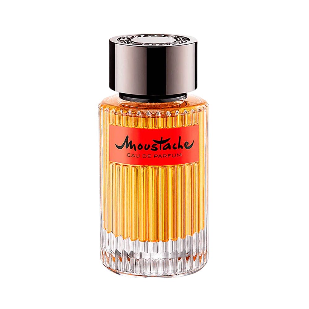 Rochas Moustache Eau de Parfum bottle with a ribbed amber glass body and a silver cap.