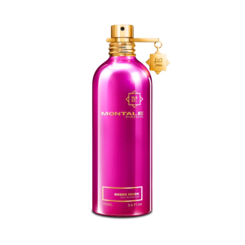 A pink Montale Roses Musk perfume bottle with a gold cap and tag.