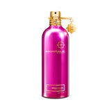 A pink Montale Roses Musk perfume bottle with a gold cap and tag.