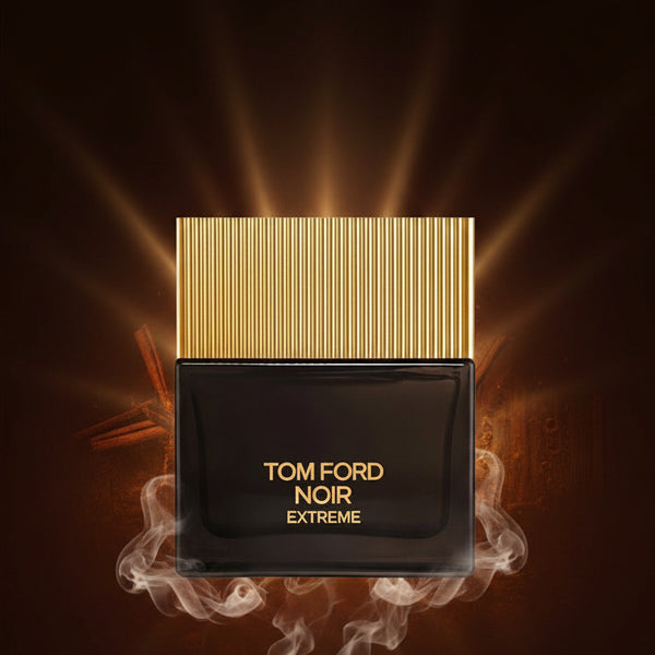 Tom Ford Noir Extreme fragrance bottle with gold comb-like cap.