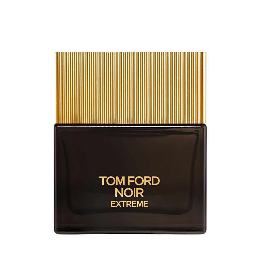 Tom Ford Noir Extreme fragrance bottle with gold comb-like cap.
