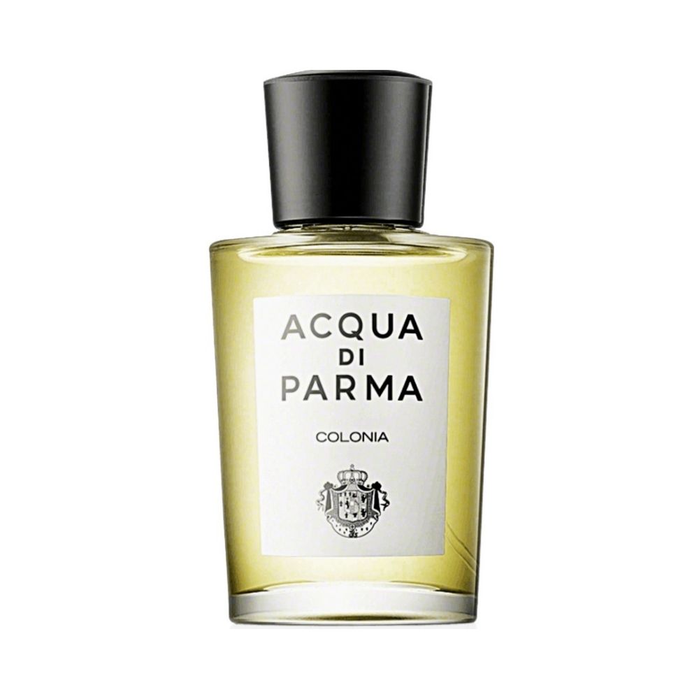 Acqua di Parma Colonia fragrance in a clear glass bottle with a black cap.
