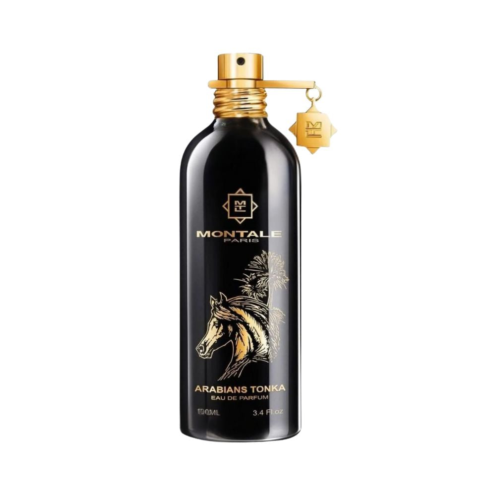 Montale Arabians Tonka Eau de Parfum bottle with gold accents and horse illustration.