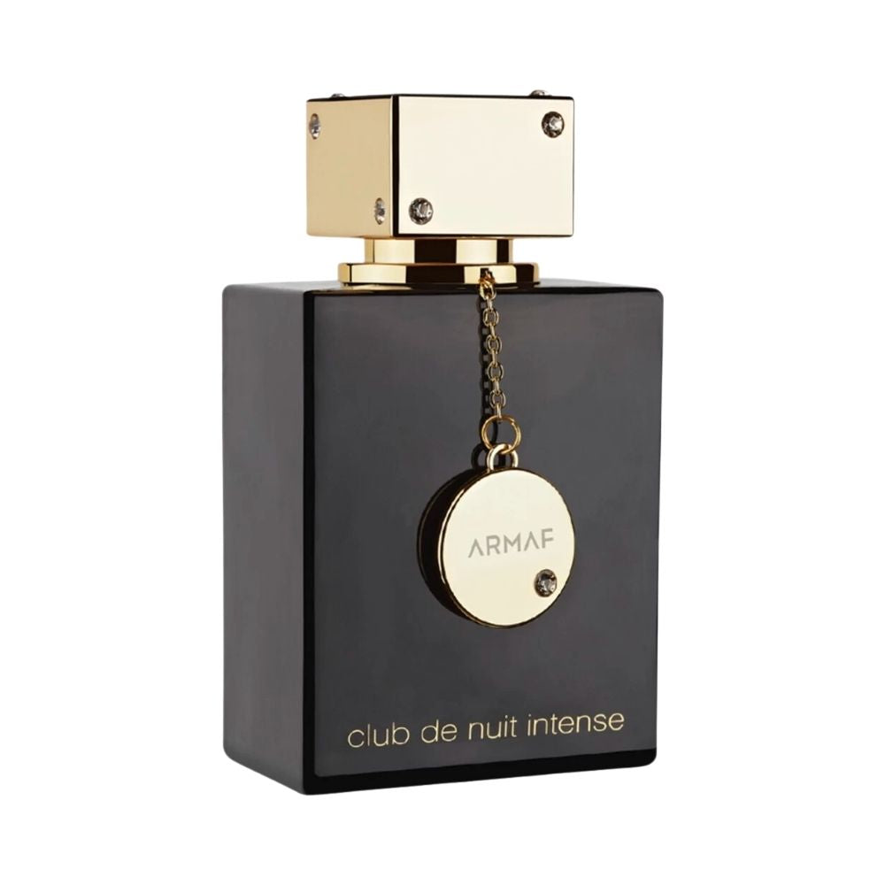 Black bottle of Club de Nuit Intense perfume with gold accents.