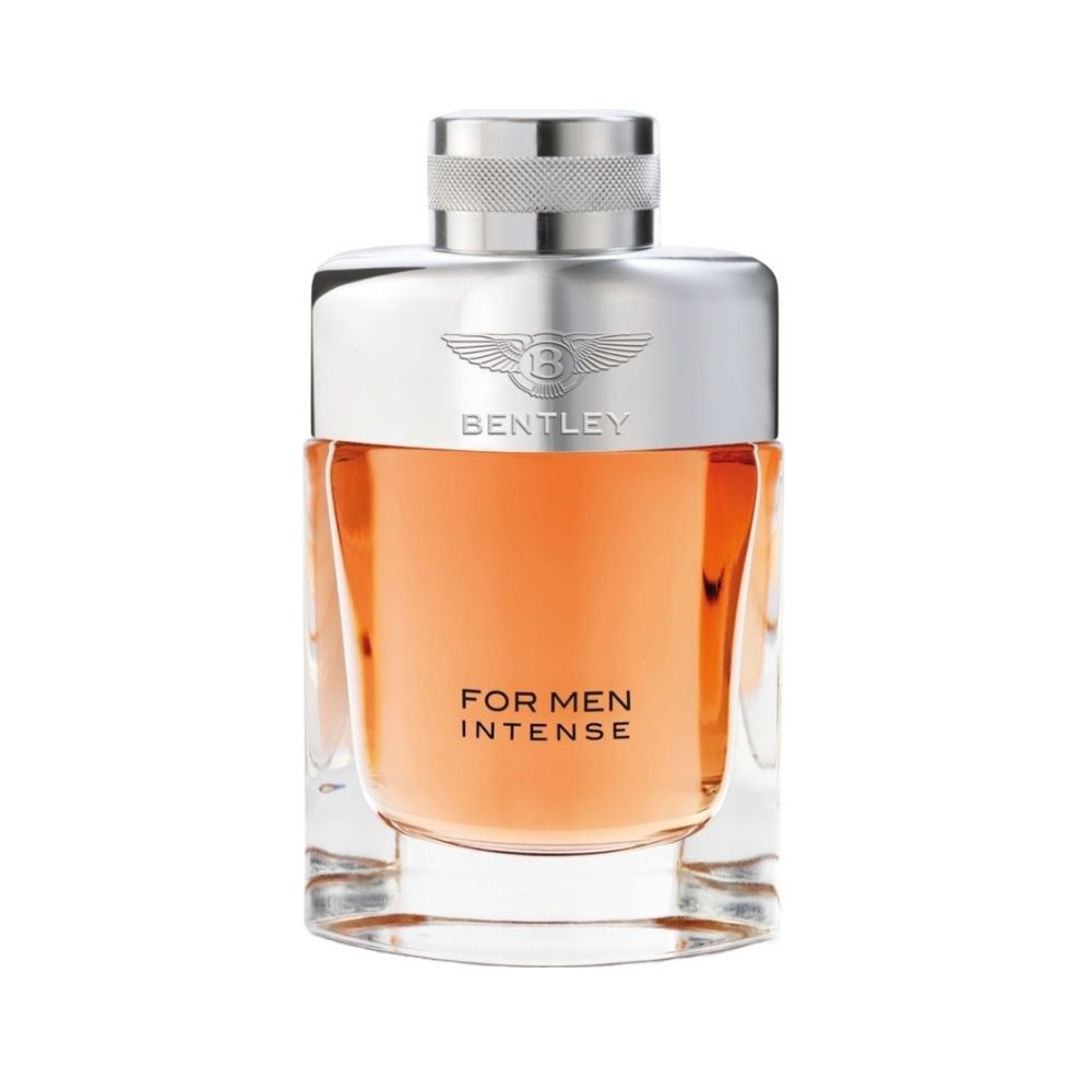 Bentley For Men Intense cologne in a clear glass bottle with an orange liquid.