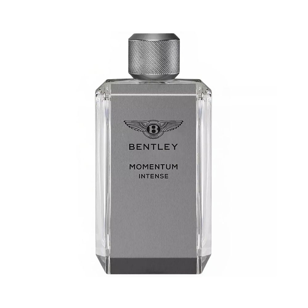 Bentley Momentum Intense fragrance bottle with silver cap and label.