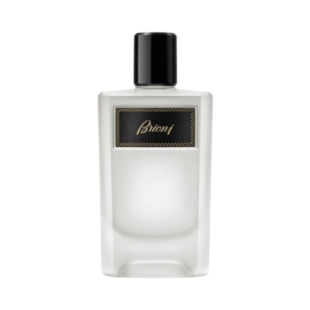 Brioni Eclat fragrance bottle with a black cap and a black label with gold text.