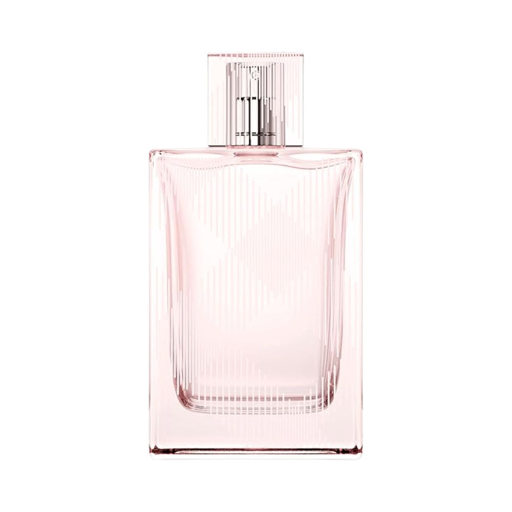 A light pink Burberry Brit Sheer perfume bottle with a ribbed cap.