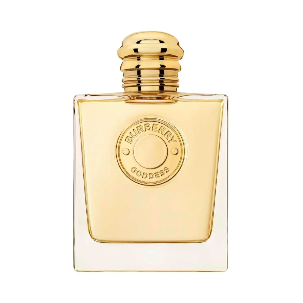 Burberry Goddess Eau de Parfum bottle with a gold cap and emblem.