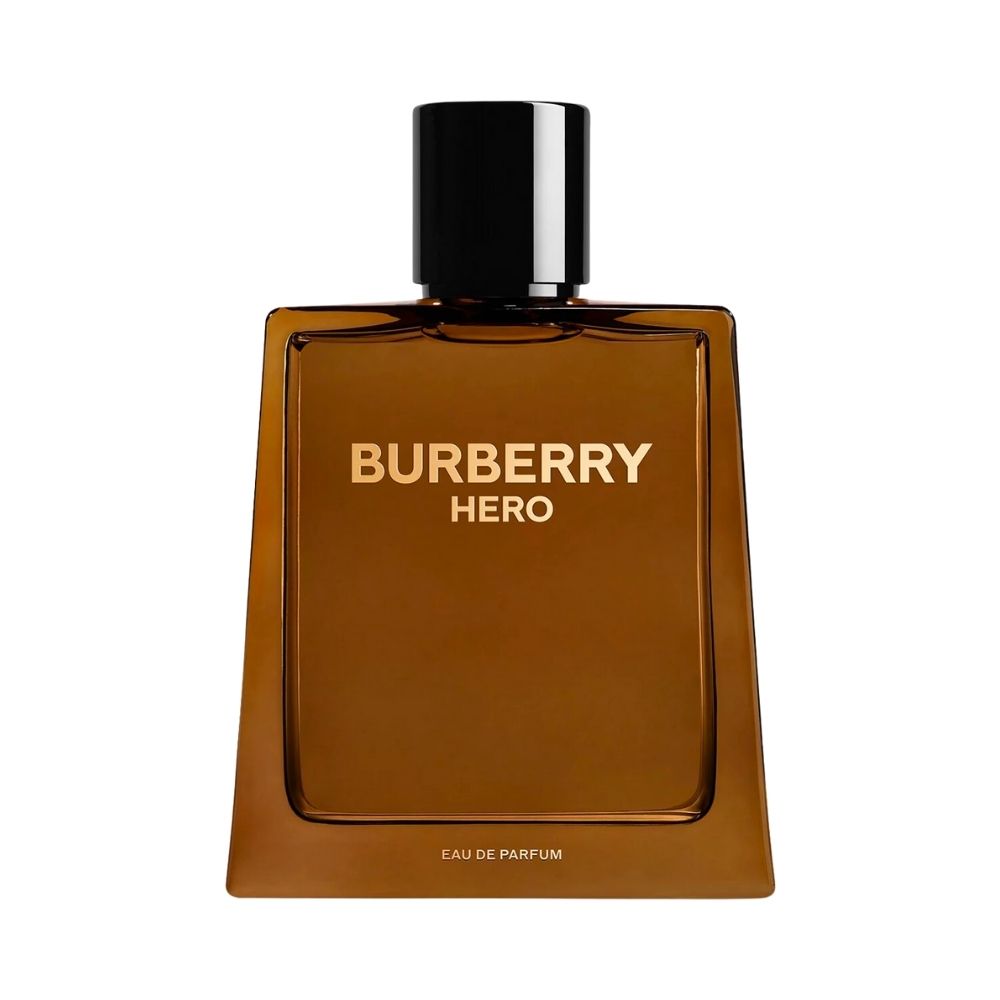 Burberry Hero Eau de Parfum bottle with gold lettering.