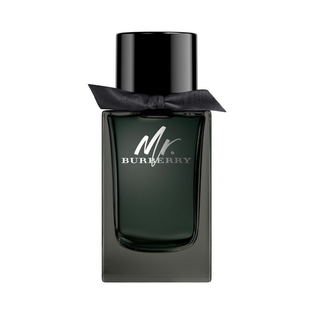 Mr. Burberry Eau de Parfum bottle with a black cap and ribbon.