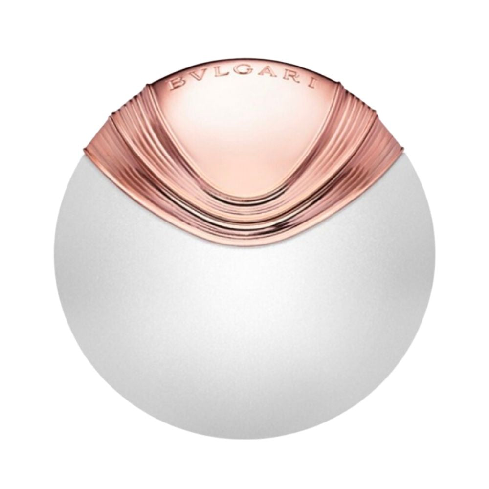 A white spherical bottle with a rose gold textured cap featuring the BVLGARI logo.