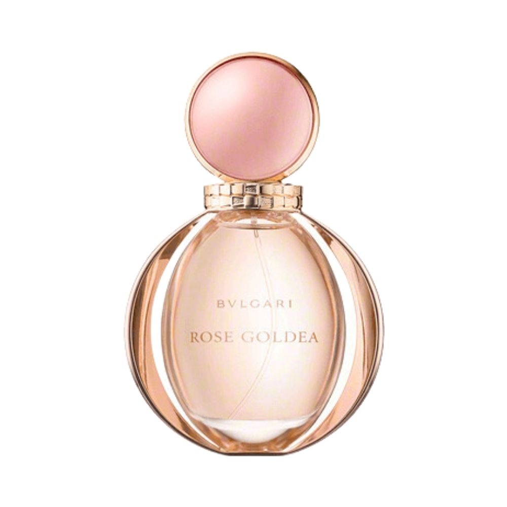 Bvlgari Rose Goldea perfume bottle with a pink cap and gold accents.