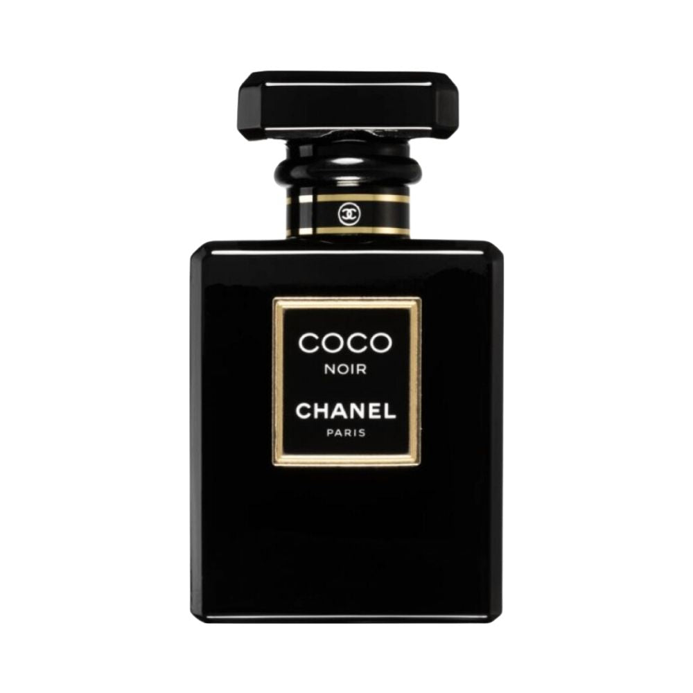 Chanel Coco Noir perfume bottle with black glass and gold accents.