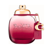 Coach Wild Rose perfume bottle with a gold cap and a pink tag.