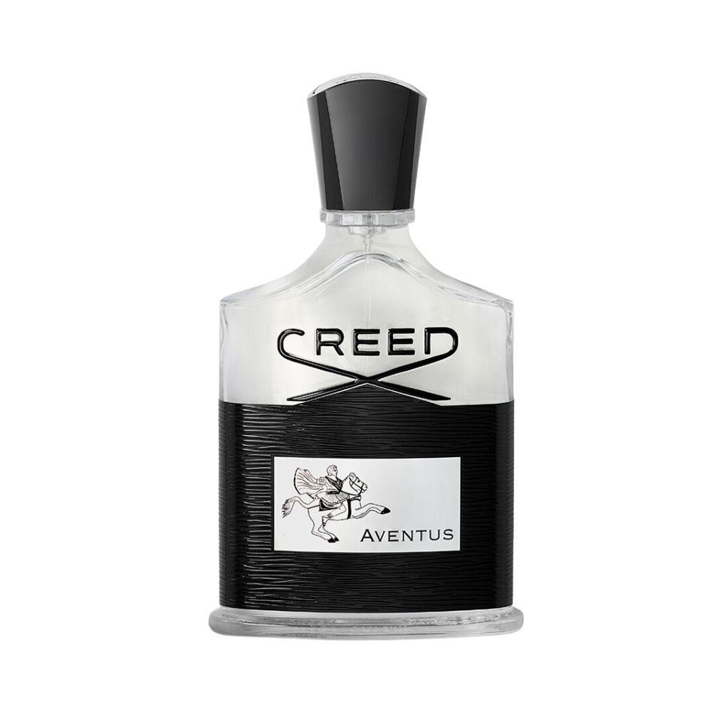 Creed Aventus cologne bottle with a black textured base and a white label featuring a horse and rider.