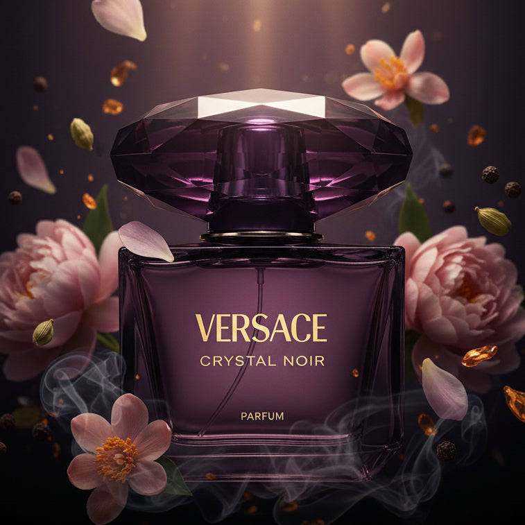 Versace Crystal Noir Parfum bottle with a faceted dark purple cap and bottle.
