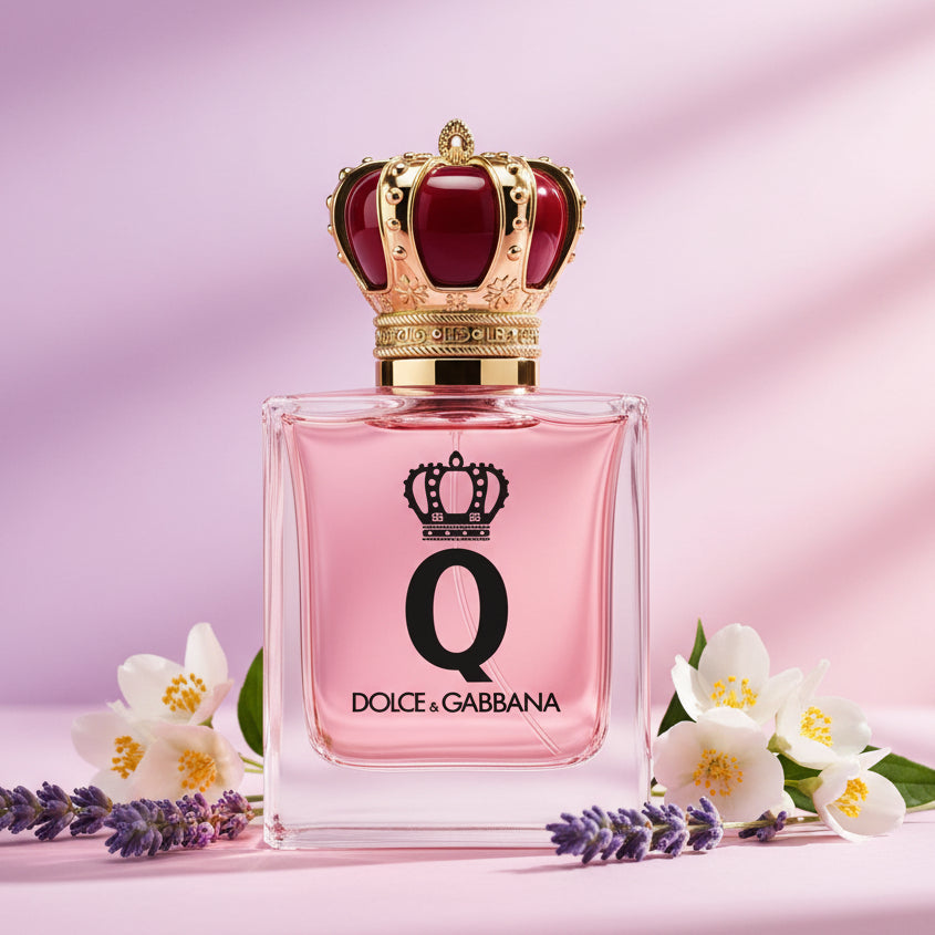 Dolce & Gabbana Q Eau de Parfum for women with a pink hue and crown-shaped cap.