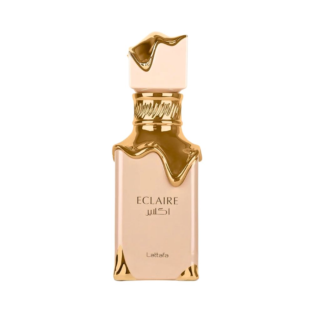 A beige perfume bottle with gold accents and the name ECLAIRE.
