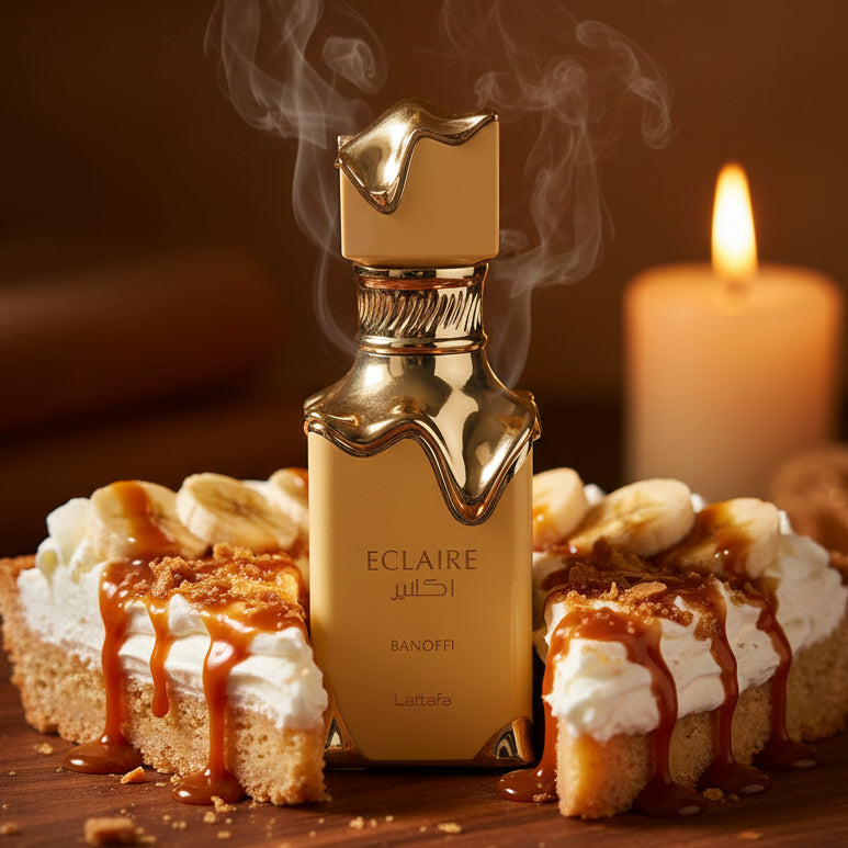 Eclaire Banoffi perfume bottle with gold accents.