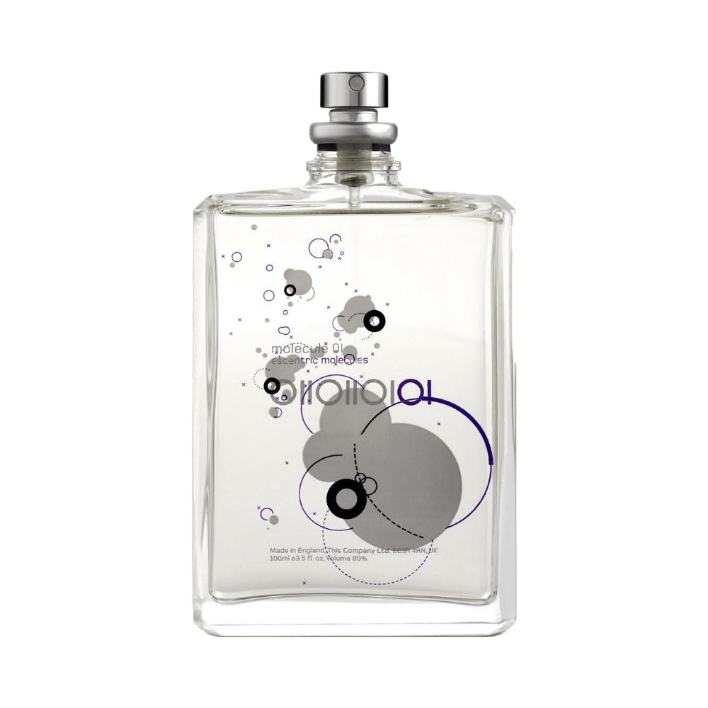 Molecule 01 by Escentric Molecules perfume bottle with abstract grey and purple design.