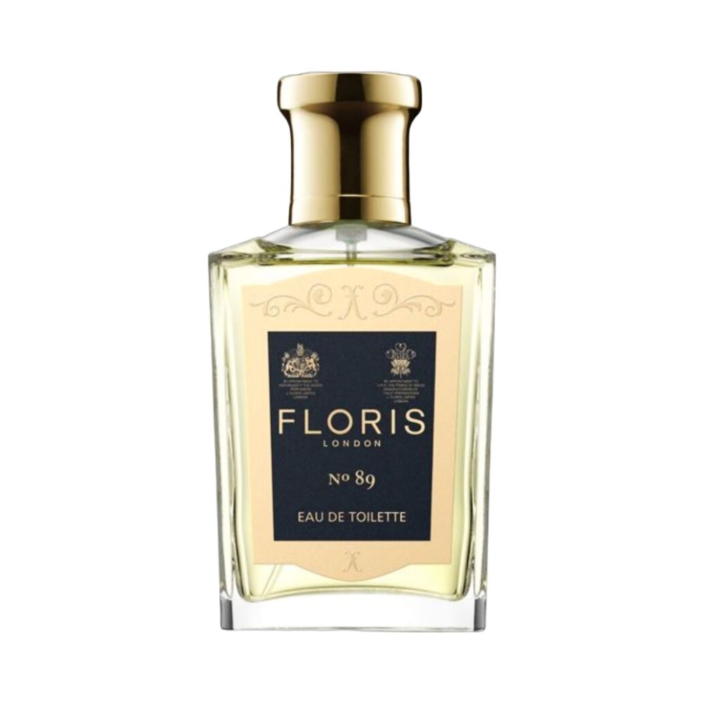 Floris No 89 Eau de Toilette bottle with a gold cap and a dark blue label.