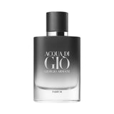 Acqua di Gio parfum bottle with a gradient black to clear glass design.