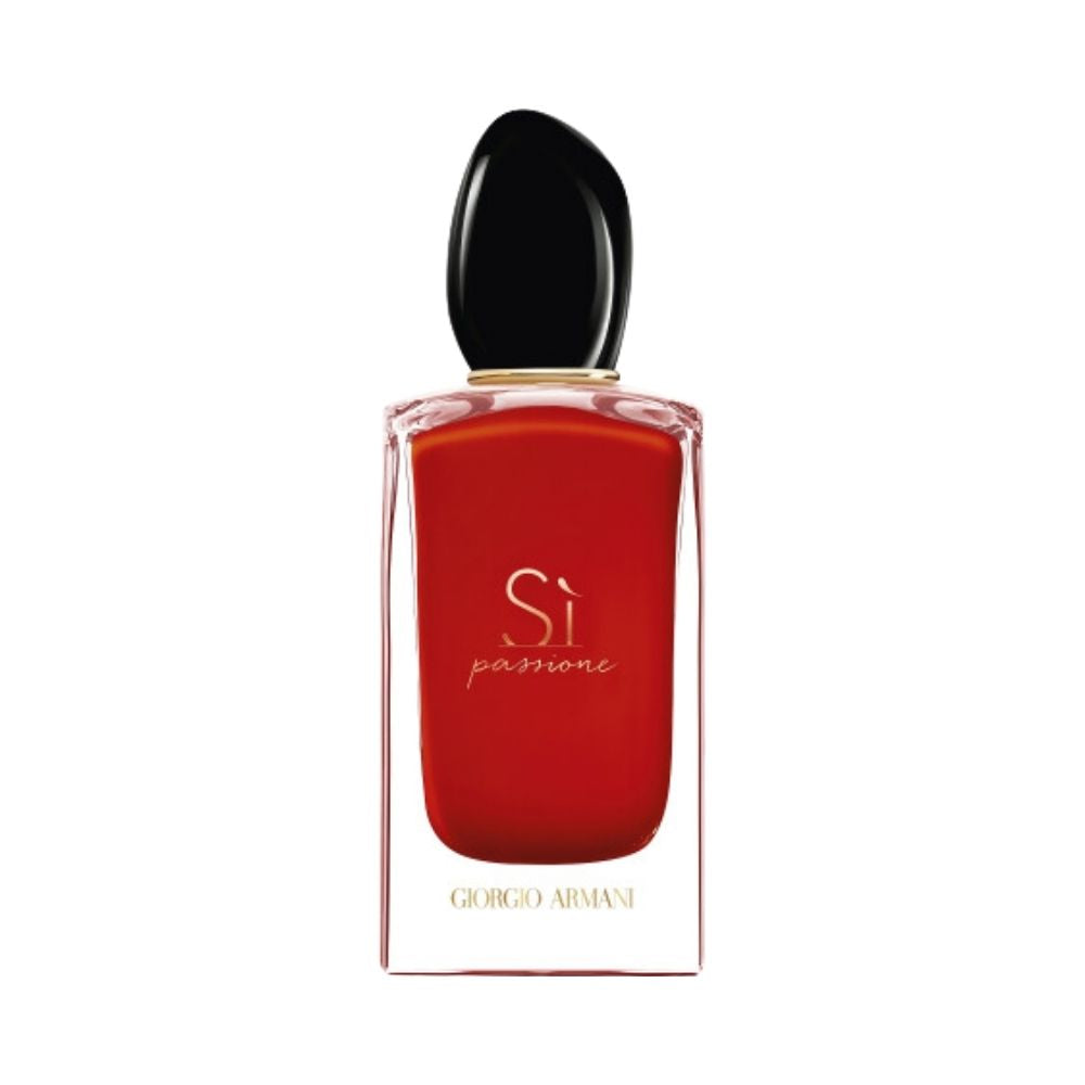 Giorgio Armani Sì Passione perfume bottle with red liquid and black cap.