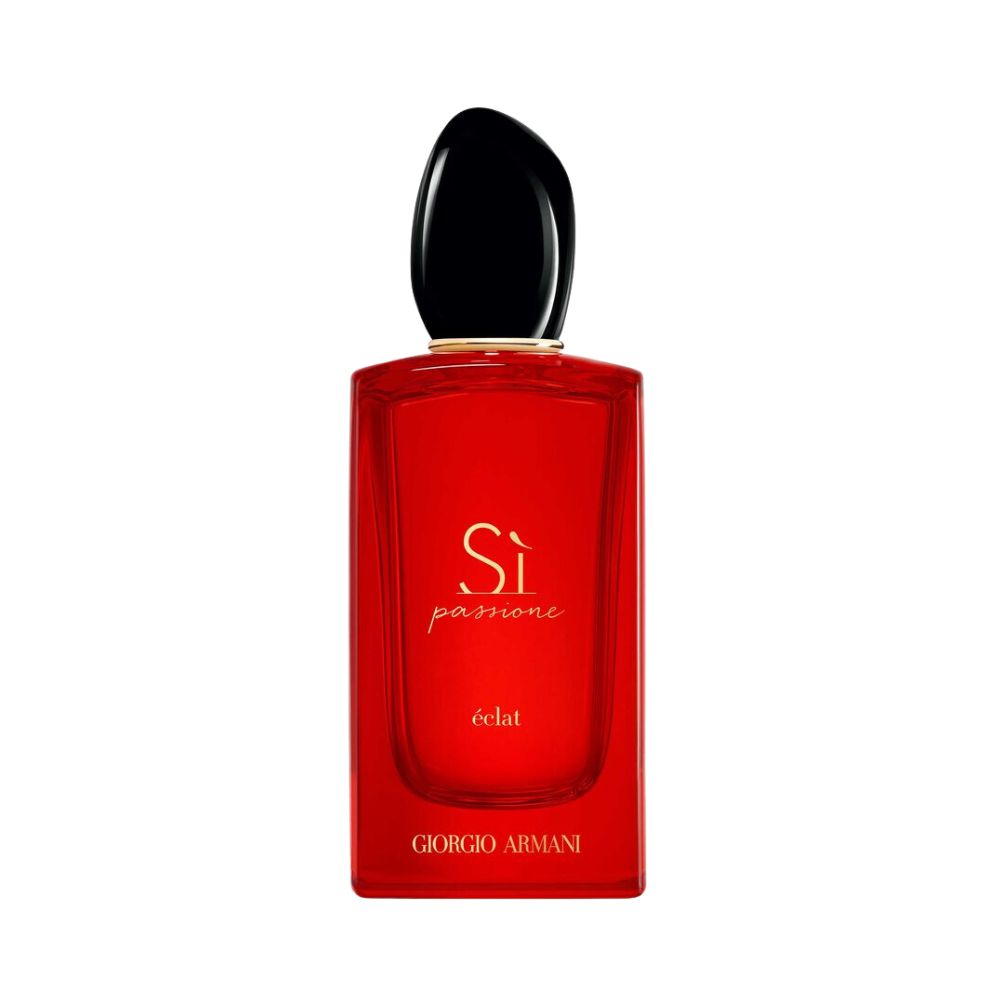 Giorgio Armani Sì Passione Éclat red perfume bottle with black cap.