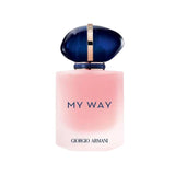 Giorgio Armani My Way Florale perfume bottle with a pink frosted glass bottle and a blue cap.