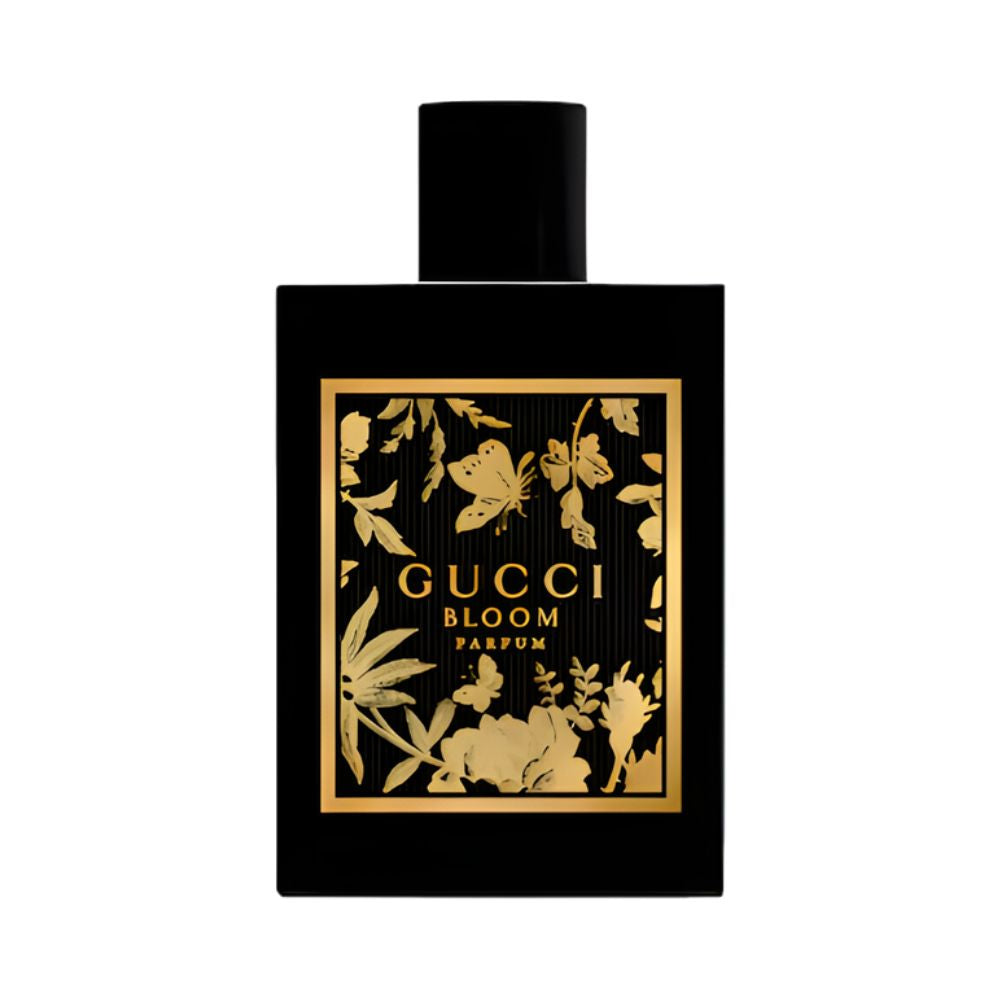 Gucci Bloom Parfum bottle with a black bottle and gold floral and butterfly design.